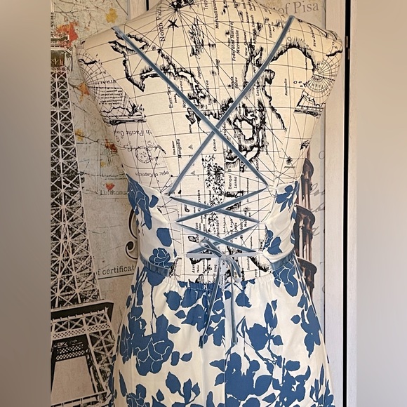 Boho Blue Floral On White Inlay Velvet Strap Accented Adjustable Midi Dress - Picture 9 of 12
